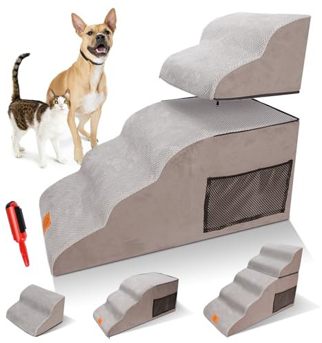 Masthome Dog Stairs, 5-Step Non-Slip Dog Steps for Bed Sofa Couch, High Density Foam Pet Stairs with Removable Washable Cover for Small Dogs Cats and Elder Pets, 2/3/5 Steps, 80x40x60cm