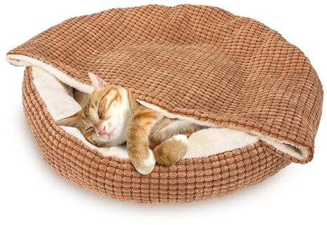 Nobleza Katzenbett mit Decke, Rundes Waschbares Hundebett, Flauschiges und Wärmendes Katzenkörbchen für Katzen und Kleine Hunde, 65x58x16cm, Braun