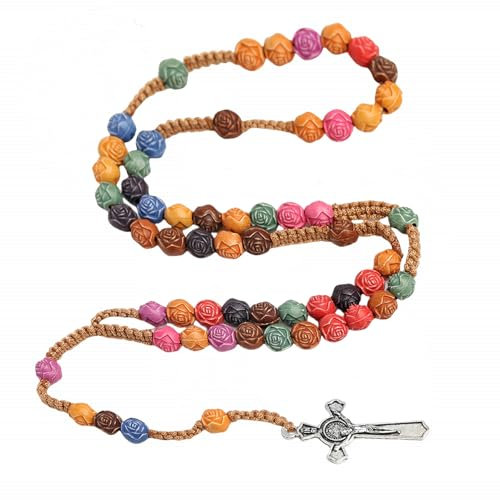 Kuesn Color Rosary Beads Handmade Catholic Rosaries Necklace Wood Christian Prayer Beads Holy Soil Medal Cross Catholic Wooden Rosary Beads Handmade for Women (Color)