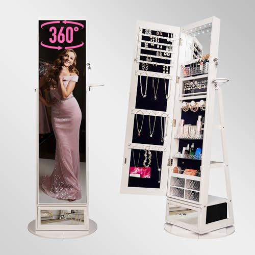 SBAGNO White Jewellery Cabinet with Mirror, Lockable, Full Lenth Mirror with Storage and 6 LEDs, Large Storage Space, 360°Rotatable, 3 Shelves, Black Velvet Lining