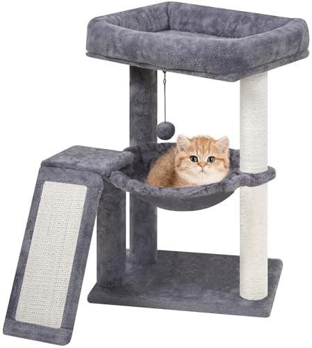 YOUPET Cat Tree with Cat Scratching Post for Indoor Cats, Cat Tower with Scratching Board and Playful Toy Balls, Cat Tree Tower with Cozy Hammock,Grey