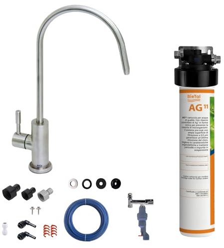 BieTal® Trinkwasserfilter mit Aktivkohle sauberes & frisches Wasser für dein Zuhause Praxis Büro Wohnmobil Aktivkohlefilter Wasserfiltersystem 1-Wege Wasserhahn Edelstahl satiniert matt & Wasserstop