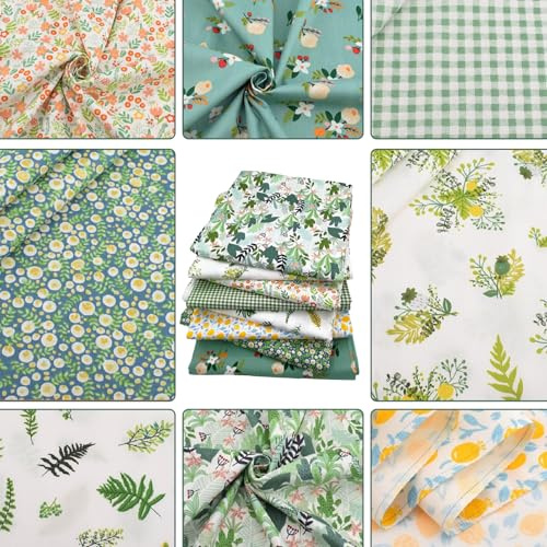LetCart Nähen Patchwork Stoff, 8pcs Blumen 50 * 50 cm Baumwolle gedrucktes Stoff Set Baumwoll kleiner Schrottstoff für DIY, Kunsthandwerk (Grüner)