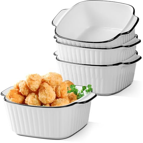 Juego de 4 cazuelas de cerámica de 400 ml, 14,5 x 11,5 x 5,5 cm, para freidora, moldes de cerámica con asas para freidora de aire caliente, horno, microondas