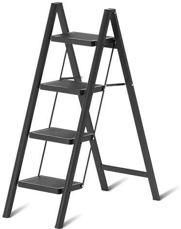 EOXCIIU 4 Step Ladder, Folding Step Stool with Wide Anti-Slip Pedals | 150kg Heavy Duty Iron Stepladder, Portable Space-Saving Design for Home Kitchen Office, Black