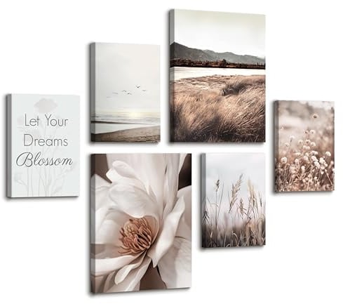 6Pcs Boho Beige Braun Leinwand Bilder Set Mit Rahmen Pampas Wildgras Strand Meer Bild auf Leinwand Weiße Magnolienblüte Wandbilder Set Wohnzimmer Schlafzimmer Esszimmer Wanddeko 30x40cmx2+20x30cmx4