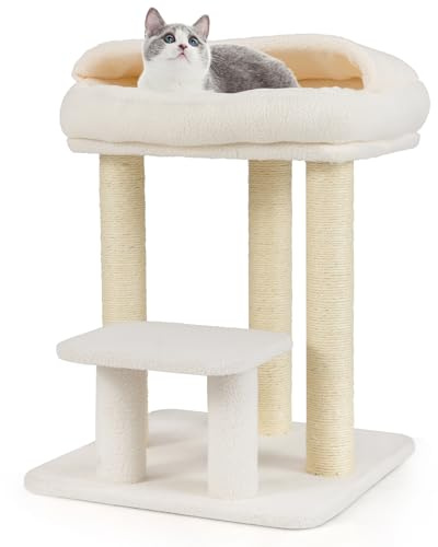 GOPLUS Kratzbaum klein, Katzenbaum 61 cm mit Sprungplattform, Kratzpfosten aus Sisal, Sitzfläche, Kratzsäulen, Aktivitätszentrum Holz stabil zum Schlafen, Klettern, Springen und Kratzen
