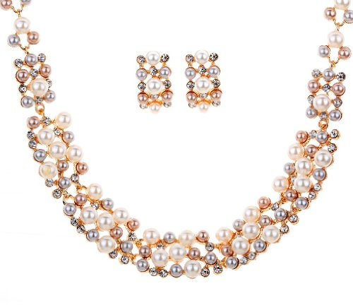 Yazilind - Elegante collana di bigiotteria in oro rosa, perle d’imitazione color crema e strass, con orecchini coordinati