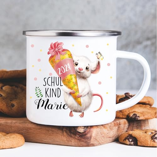 Wandtattoo Loft Kindertasse mit Namen und Maus Motiv, Emaille Tasse Kinder mit Namen, Tasse Kinder, Kindertasse personalisiert, Trinkbecher Kinder, Schulkind Tasse mit Namen, Camping Tasse Kinder