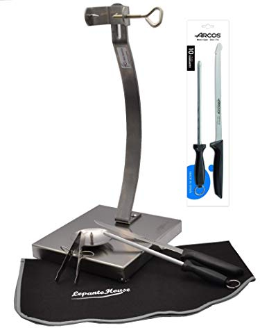 JAMONERO VERTICAL INOXIDABLE flores cortes o soporte jamonero vertial de 50CM + Set Corte CUCHILLO Y CHAIRA ARCOS NIZA + Cubre Jamon Negro valido para el hogar o restauración LepantoHouse
