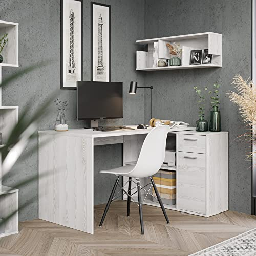 RICOO Eckschreibtisch Winkelschreibtisch Eckig L-Förmiger Schreibtisch - Bürotisch Winkelkombination 83-WK - 136x101x75 cm - Weiße Kiefer Ecktisch L-Form Regal Stauraum Schubladen Büro Arbeitszimmer