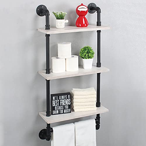 Étagère murale de salle de bain en bois rustique de 49,8 cm avec barre porte-serviettes, 3 niveaux, porte-serviettes de ferme, étagère flottante, porte-serviettes, noir et blanc