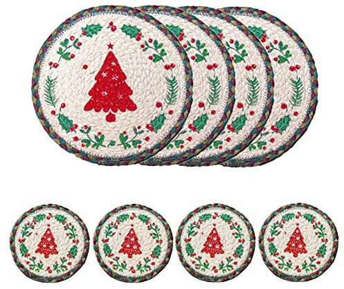 Platzset RENRUIRUI- 8-teiliges Weihnachts-Tischset Und Untersetzer-Set, Runde Geflochtene Tischsets Mit Weihnachtsbaum-Print, Für Esstisch, Couchtisch, Weihnachtsdekoration