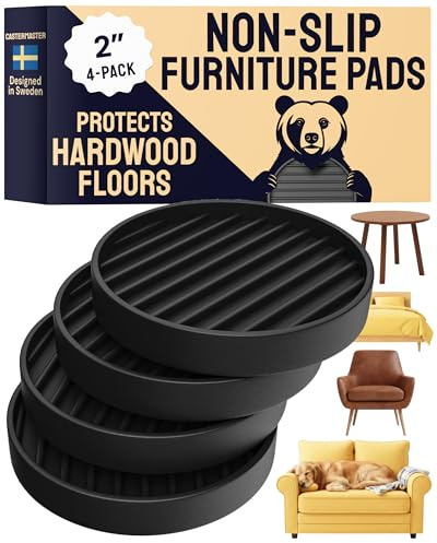 CasterMaster Non Slip Furniture Pads - 2x2 Black Round Rubber Anti Skid Caster Cups Leg Coasters - Couch, Chair, Feet, and Bed Stoppers with Anti - Sliding Floor Grip (Set of 4)