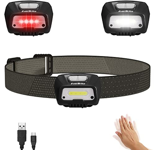 EverBrite Linterna Frontal LED USB Recargable, Linternas Cabeza 300 Lúmenes, 5 Modos, Impermeable,45°Ajustable,Sensor Inteligente,Lampára de Cabeza Ideal para Correr, Acampar, Cenderismo- Negro
