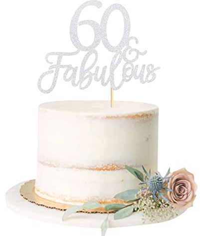 Blumomon Silver Glittery 60 & Fabulous Cake Topper for 60th Birthday Party Decorations - 3 Pack