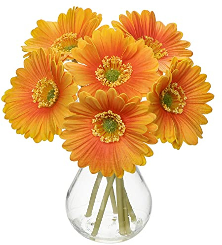 6 pcs Artificial African Daisies with Glass Vase, Small Fake Flowers in Vase with Faux Water, Orange Artificial Gerbera for Home Office Bathroom Living Room Party Wedding Centerpiece Decorations