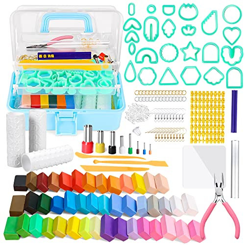 Caydo 177-teiliges Ohrring-Set aus Polymer-Ton mit 3-lagiger Aufbewahrungsbox, 44 farbige Tone, 24 Ohrringschneider und Zubehör, Anleitung enthalten (evtl. nicht in deutscher Sprache)