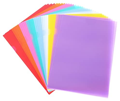 ASelected 64 Stück Plastikhüllen, A4, bunt, 8 Farben, transparenter Kunststoff-Mappe, Ecktasche, Dokumententasche aus Kunststoff, für Dokumente, 31 × 22 cm