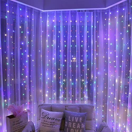 Flaspar LED Window Curtain String Light Multicolor, 8 Modes Decorative Fairy String Lights, 3x3 Meter 300 LED String Lights for Bedroom Garden Party Festival Wedding