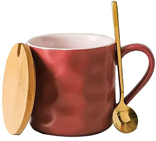 MAGICVOGEL Kaffeetasse mit Holzdeckel und Löffel 400ml große Keramiktasse Modern Kaffeebecher Trinkbecher mit großem Henkel Kakaobecher für Büro und Zuhause (Lila)