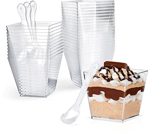 CoKeeSun 30 Pcs Square Dessert Cups Set - 200ml/7oz Reusable Plastic Dessert Pots with Spoons for Pudding, Mousse, Ice Cream, Cheesecake