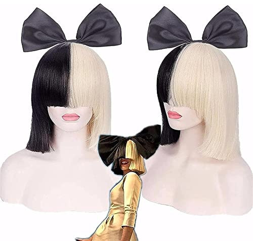 CHALKSEA Perücke Sia Kostüm-Perücke, Zweifarbig, Halbblond, Schwarz, Bob-Perücke Mit Schwarzer Schleife, Premium-Qualität, Kunsthaar, SIA Cosplay-Perücke, Anime-Fan-Geschenk