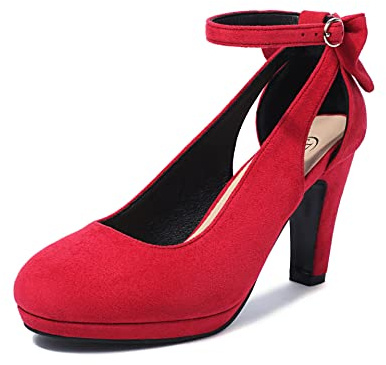 elerhythm Donne Mary Jane Tacchi con Arco Retro Chiuso Punta Rotonda Scamosciata Cinturino alla Caviglia Pumps Gatsby Vintage Scarpe (Red EU37)