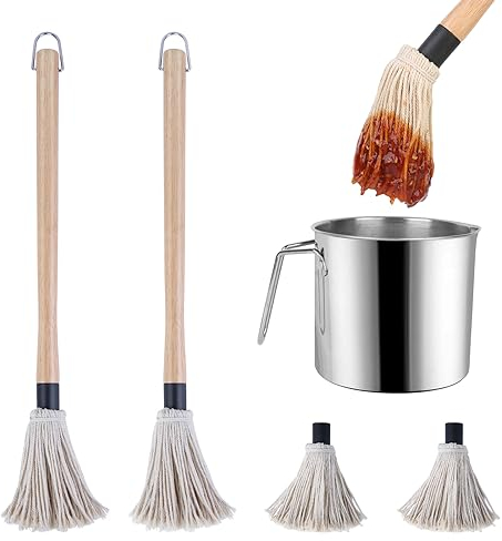 BBQ Saucentopf und Backpinsel-Set, 1,7 l Edelstahl-Saucenpfanne & Basting Mop Pinsel, Geschenke für Griller & Grill-Kochzubehör, mit 2 Stück Holz-Soßenmopps und 2 Stück Ersatzteilen