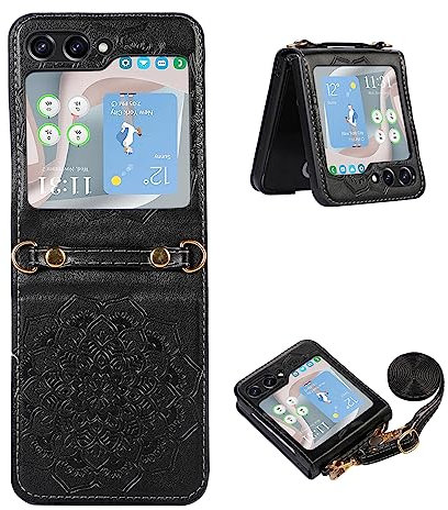 Szakdws Kompatibel mit Samsung Galaxy Z Flip 5 5G Hülle mit Kette,Galaxy Z Flip 5 Lederhülle mit Kordel zum Umhängen Abnehmbar,Premium PU Mandala Blume Klappbare Handyhülle,Schwarz