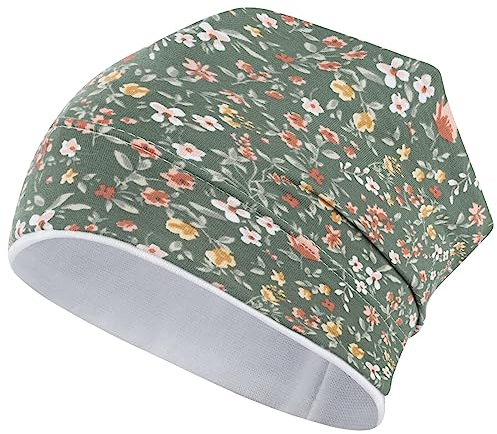 Smarilla Mädchen Mütze Übergangsmütze Beanie Blumen Frühling Herbst Baumwolle, Bekleidungsgröße: 50-52, Farbe: Grün-Creme