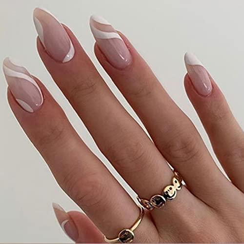 JUSTOTRY 24 Pcs Blanc Vague Amande Faux Ongles Court Motif,Glossy Nude Press on Nails Courts,Ovale Faux Ongle avec Colle Pour Femme et Ado,Almond French Faux Ongles à Coller Nail Art