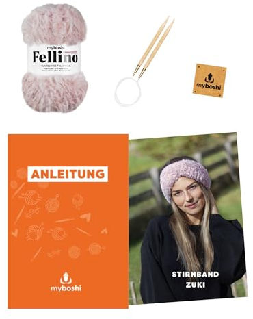 myboshi Strickset Stirnband Zuki, Strickset für Anfänger, inkl. Fellino Fellwolle, Rundstricknadel, Anleitung, Label, 100% Polyester, Rosa mit Rundstricknadel