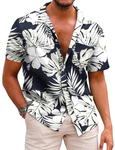 COOFANDY Chemise de plage pour homme en coton, style hawaïen, manches courtes, motif floral, chemise estivale décontractée et élégante – Noir B, taille M
