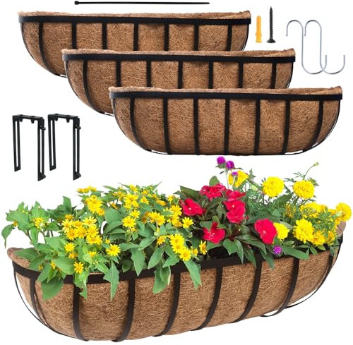 DUNCHATY Geländer-Pflanzgefäß, Fensterkasten, 61 cm, Pferde-Pflanzgefäß mit Kokosfaser-Auskleidung, Balkongeländer, Pflanzgefäß für Veranda, Zaun, Terrasse, Outdoor, 4 Stück