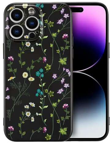 RALEAVO Case for iPhone 14 Pro, Cute Flower Silicone Floral Cover, Black | For iPhone 14 Pro Liquid Silicone Phone Case, for Girls Women Aesthetic Flowers Shockproof Protective Soft Cover