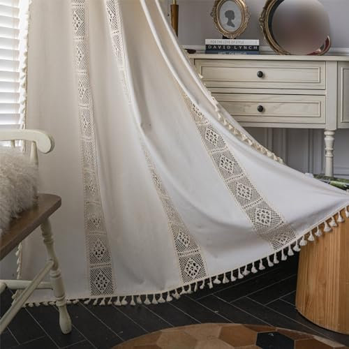 XCLOOZGL Schöner Weicher Verdunklungsvorhänge Beige Spitze Ausschnitt Vorhänge Outdoor Romantisch Vorhänge Vintage Plissee-Gardinen Für Hotels Büros Wohnzimmer Schlafzimmer,Beige,W59*L84in