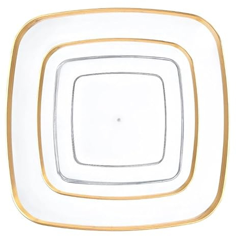 Decorline - Ensemble Vaisselles d'assiettes Plastique réutilisables de 32 pièces Pour 16 Personnes - Classic Square - Transparente/Or - Assiettes Dîner & Entrée Dessert - 2 tailles (16x25cm & 16x18cm)