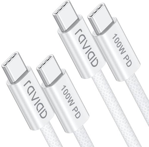 RAVIAD Cable USB C a USB C Carga Rapida 100W, [2Pack 2M] Cable Cargador Tipo C PD 5A QC4.0 con E-Mark Chip Cable Tipo C para iPhone 15 Pro Max, Samsung S24 S23 S22, MacBook, Pad, Pixel, Huawei- Blanco