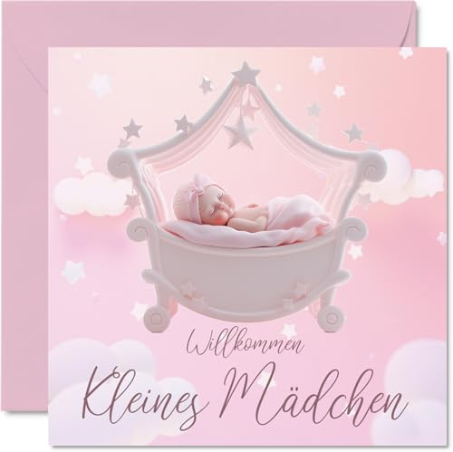 Stuff4 Karte zur Geburt Mädchen, Willkommen Kleines Mädchen | Babykarten zur Geburt Baby Karte Geburt Babyparty Herzlichen Glückwunsch, 145mm Glückwunschkarten Grußkarte