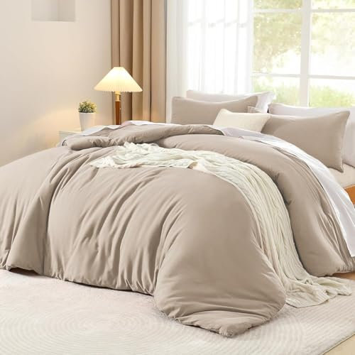 Luofanfei Housse de Couette Coton 200x200 Kaki Taupe Ado Adulte Garçon 2 Personnes Uni Parure de Lit Unie en Coton Parure Housse Couette zippée 200 x 200 avec 2 Taies d'oreiller 65x65cm