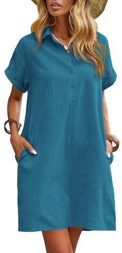 Zeagoo Womens Summer Linen Dress Ladies Casual Short Sleeve Shift Dresses Beach Dresses for Women Blue Green M