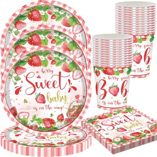 60 PCS Erdbeerinchen Geburtstag Geschirr,Erdbeer Geburtstag Partydekorationen,Erdbeere Druck Teller,Obst Partyzubehör - Erdbeer Themen Teller,Geeignet für 20-Gäste
