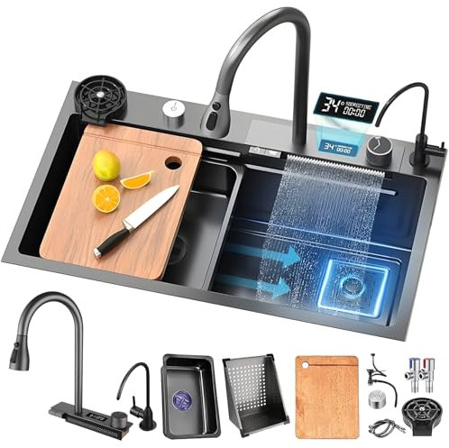 HZKSINNK Fregadero de Cocina de 1 Cubeta 80x45 cm, Negro cascada Fregadero de Acero Inoxidable, con Grifo Cocina Extraible, cesta de drenaje, sifón, rebosadero y desagüe así como otros accesorios