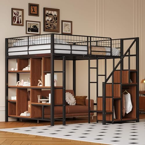 NQSLDM Hochbett Metallbett 140x200 cm mit Treppe und Stauraum, Etagenbett Einzelbett mit offenem Schrank und Lattenrost, Bettgestell mit Lagerschrank, Bett für Kinder und Jugendliche, Schwarz