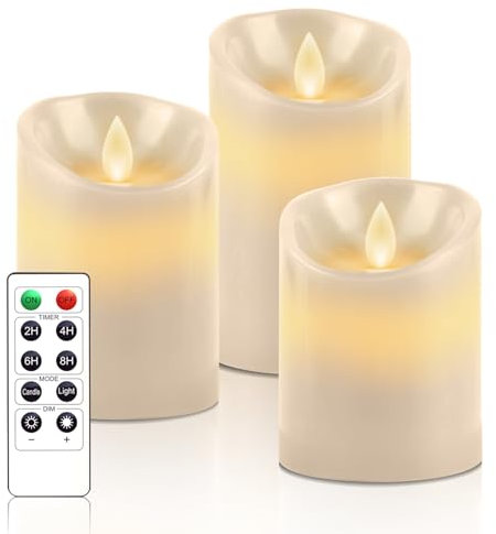 PinnWaa LED Kerzen [3 Stück] Flammenlose Kerzenhalter, 10-Tasten Fernbedienung Timer Dekorations, Flammenlose Kerzen mit Realistisch Flackernde LED Stabkerzen Batteriekerzen - Elfenbein