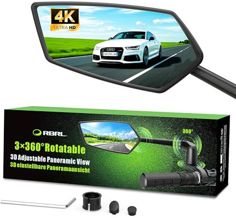 RBRL Fahrradspiegel | 3D Verstellbar für Panorama Sicht | 360° Dreh- & Einklappbar | Bruchfestes Echtglas Rückspiegel | Langlebig Kompakt Lenker Spiegel für Fahrrad, Ebike (Links)