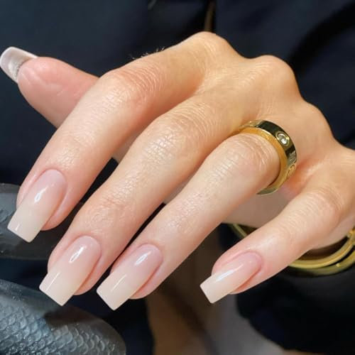 SXVME Nude Press on Nails Long Square, Acrylic False Nails Medium Coffin, Glossy Gel Fake Nails Press on, Semi-Transparent Stick on Nail for Women, 24 Pcs