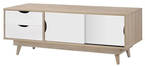 Modern TV Unit with Sliding Doors, 120 cm, Sonoma Oak and White, Living Room Storage Cabinet