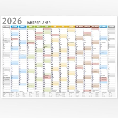Wandkalender 2026, DIN A1, Jahresplaner, Plakatkalender, Gefaltet, für Büro & Homeoffice 14 Monate Großformat 84,1x59,4 cm, Kalender 26